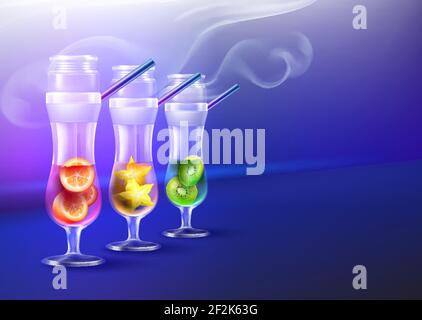 Vektor-Set von Hurricane Glas Cocktail Shishas mit Kiwi, Karambola, Kumquat, Rauch und Copyspace Vorderansicht auf blauem Hintergrund Stock Vektor