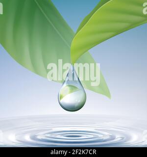 Vector sauber glänzend blauen Tropfen mit Kreisen auf Wasser und Grüne Blätter Nahaufnahme Vorderansicht Stock Vektor