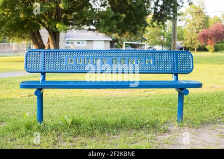 Blue Buddy Bank im öffentlichen Park in der Nähe der Schule Stockfoto