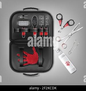 Vector Set von Zubehör für die Pflege von Katzen und Hunden mit Kämmen, Nagelschneider und Bürsten. Draufsicht, isoliert auf grauem Hintergrund Stock Vektor