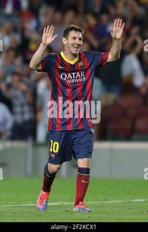 Fußball - UEFA Champions League 2013/2014 - Gruppenphase - Gruppe H - FC Barcelona gegen Ajax Amsterdam am 18. September 2013 in Barcelona, Spanien - Foto Manuel Blondau / AOP PRESS / DPPI - Lionel Messi der FC Barcelona feiert nach dem vierten Tor seiner Mannschaft Stockfoto