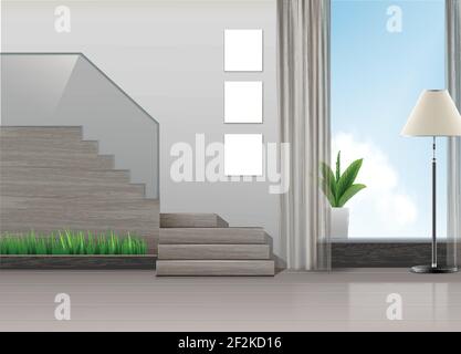 Vektor-Illustration von Innenarchitektur im minimalistischen Stil mit Treppe, Lampe, Pflanzen und großen Fenster Stock Vektor