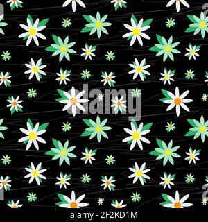 Schöne weiße Gänseblümchen Blumen isoliert auf schwarzem Hintergrund. Niedliches kindliches Nahtloses Muster. Handgezeichnete Vektor flache grafische Illustration. Textur. Stock Vektor