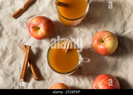 Bio warmer erfrischender Apfelwein Saft mit Zimt Stick Stockfoto