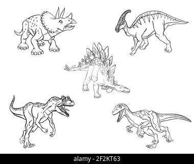 Satz von linearen Skizzen von Dinosauriern zum Ausmalen von Seiten isoliert auf weißem Hintergrund. Stegosaurus, Triceratops, Raptor, Allosaurus, Hadrosaurus. Vektor Stock Vektor