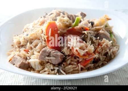 Eine Portion Pilaf mit Reis, Rindfleisch und Gemüse Stockfoto