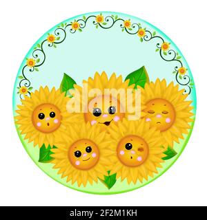 Die gelben Sonnenblumen mit verschiedenen Emotionen in einem runden Rahmen Mit Wirbeln und einem blauen Hintergrund Stockfoto