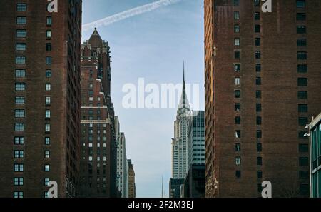 Mauerbau und Skyscraper Chrysler Buillding in New York City, USA, Untited States of America Stockfoto