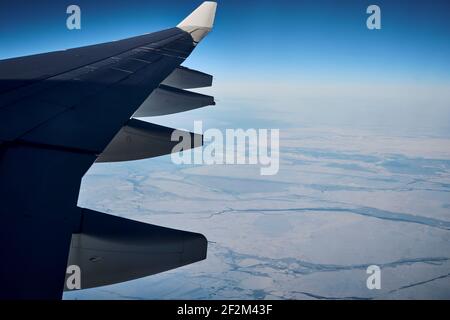 Luftaufnahme von Schelfeis von grönland vom Flugzeugjet aus gesehen, Grönland, Königreich Dänemark, Nordamerika Stockfoto