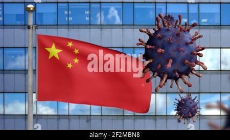 3D Illustration Chinesische Flagge wehend auf moderne Wolkenkratzerstadt mit Coronavirus 2019 NCoV. Schöner hoher Turm und asiatischer Ausbruch in China. Mikroskop Stockfoto