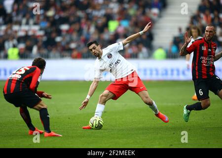 Javier Pastore von Paris SG beim Fußballspiel der französischen Meisterschaft L1 zwischen Nizza und Paris Saint Germain am 18. April 2015 im Allianz Riviera Stadion in Nizza, Frankreich. Foto: Manuel Blondau / AOP Press / DPPI Stockfoto