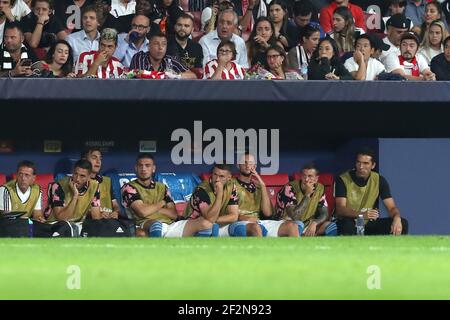 Adrien Rabiot von Juventus (3rd von rechts) schaut sich das Spiel von der Bank während der UEFA Champions League, Gruppe D Fußballspiel zwischen Atletico de Madrid und Juventus FC am 18. September 2019 im Wanda Metropolitano Stadion in Madrid, Spanien. - Foto Manuel Blondau / AOP Press / DPPI Stockfoto