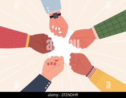 Erhöhte Fäuste. Erfolgreiches Team übergibt sich, um den Sieg zu feiern. Vielfältige Gemeinschaftskampf und Protest. Partnerschaft, Zusammenarbeit Arbeit Vektor-Konzept Stock Vektor