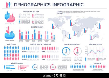 Infografik zur Bevölkerung. Frauen und Männer Prozentsatz der Weltstatistik. Diagramme, Diagramme und Diagrammelemente. Menschliche demografische Vektorinformationen Stock Vektor