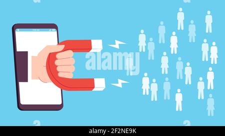 Lead-Generierung. Smartphone-Bildschirm mit Hand halten Magnet gewinnen neue Kunden Symbole. Flaches Konzept für Social Media Inbound Marketing Stock Vektor