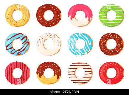 Cartoon-Donuts. Schokoladendonut mit Glasur und Streuseln Draufsicht. Runde süße Dessert für Café Dekoration. Donut Glasur Design Vektor-Set Stock Vektor