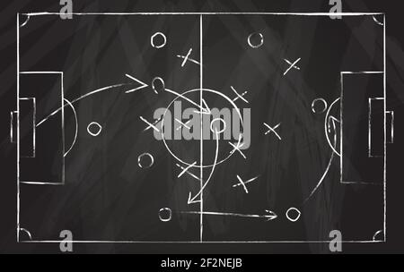 Taktisches Fußballprogramm. Fußballspiel-Strategie mit Pfeilen auf schwarzem Kreidetafel. Coach Angriffsplan für Spiel auf Feld Draufsicht Vektor-Konzept Stock Vektor