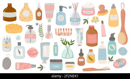 Flache Hygiene- und Kosmetikprodukte. Kosmetikflaschen und -tuben, Badezubehör, Lotion, Shampoo, Öl und Peeling. Organic Skin Care Vektor-Set Stock Vektor