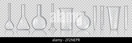 Realistische Becher und Kolben. 3D Leere Labormessgeräte, Glasröhrchen für Medizin, Flaschen und Chemiebehälter Vektorset Stock Vektor