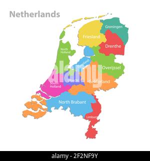 Niederlande Karte, administrative Teilung, separate einzelne Regionen mit Namen, Farbkarte isoliert auf weißem Hintergrund Vektor Stock Vektor