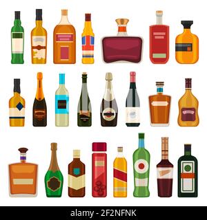 Alkoholische Getränke in Flaschen. Flacher Whiskey, Likör, Bier in Glasflasche. Cartoon Bar Cocktailgetränke, Rum, Wein und Wodka. Booze-Vektor-Set Stock Vektor