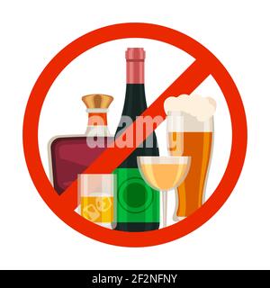 Symbol „kein Alkohol“. Alkoholverbot-Schild mit Cartoon-Bierglas, Wein und Whiskey-Flasche im roten Kreis. Vektorsymbol Getränke verbieten Stock Vektor