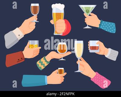 Hände halten alkoholische Getränke. Mann und Frau mit Wein, Bier, Tequila, Whiskey und Sektgläsern. Cartoon Bar Cocktail in der Hand Vektor-Set Stock Vektor