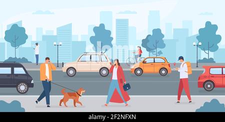 Autos auf der Stadtstraße. Menschen mit Hund zu Fuß und Fahrrad auf der Straße. Städtische Infrastruktur und Verkehr. Flacher Vektor fahrerloses Auto Stock Vektor