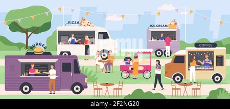 Street Food Festival. Die Menschen essen im Sommer im Freien LKW-Messe mit Fast Food, Pizza und Eis van, Popcorn-Wagen. Flat Vector Park Event Stock Vektor