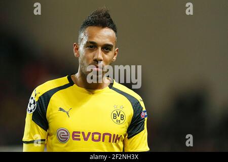 Pierre Emerick Aubameyang von Borussia Dortmund blickt während des UEFA Champions League Viertelfinales, 2nd-Bein, Fußballspiel zwischen AS Monaco und Borussia Dortmund am 19. April 2017 im Louis II Stadion in Monaco auf - Foto Benjamin Cremel / DPPI Stockfoto