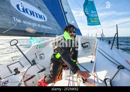 An Bord des Lift 40 ( Klasse 40 ) Black Mamba-Veedol mit dem Skipper Yoann Richomme Training für die Route du Rhum Destination Guadeloupe 2018.der Lift 40 wurde in Gepeto Composite gebaut und von Marc Lombard Yacht Design Group, Lorient Keroman Submarine Base, Bretagne, Frankreich, Foto Christophe Launay / DPPI entworfen Stockfoto