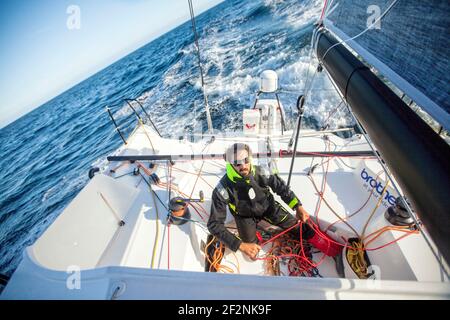 An Bord des Lift 40 ( Klasse 40 ) Black Mamba-Veedol mit dem Skipper Yoann Richomme Training für die Route du Rhum Destination Guadeloupe 2018.der Lift 40 wurde in Gepeto Composite gebaut und von Marc Lombard Yacht Design Group, Lorient Keroman Submarine Base, Bretagne, Frankreich, Foto Christophe Launay / DPPI entworfen Stockfoto