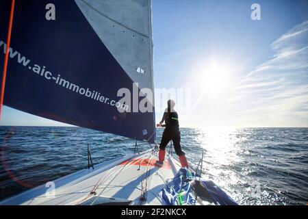 An Bord der Lift 40 ( Klasse 40 ) Black Mamba-Veedol mit dem Skipper Yoann Richomme, Training während der Vorbereitung der Route du Rhum Destination Guadeloupe 2018, in Lorient, Frankreich, am 26th. Juni 2018, Der Lift 40 wurde bei Gepeto Composite gebaut und von Marc Lombard Yacht Design Group, Lorient Keroman Submarine Base, Bretagne, Frankreich, Photo Christophe Launay / DPPI entworfen Stockfoto