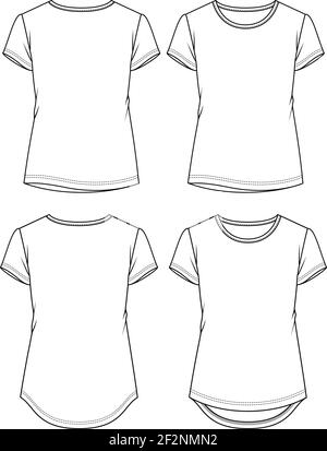 Frauen Basic T-Shirt Mode flach Skizze Vorlage. Mädchen Kurze Ärmel Top Technische Mode Illustration Stock Vektor