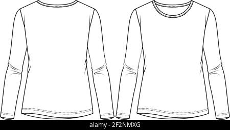 Frauen lange Ärmel Top Mode flache Skizze Vorlage. Mädchen lang T-Shirt Technische Mode Illustration Stock Vektor