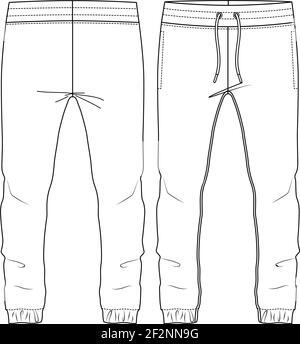 Männer Jogging Sweat Pants. Flache Mode Skizze Vorlage. Technische Mode Illustration. Kordelzug Vorne. Elastischer Saum Stock Vektor