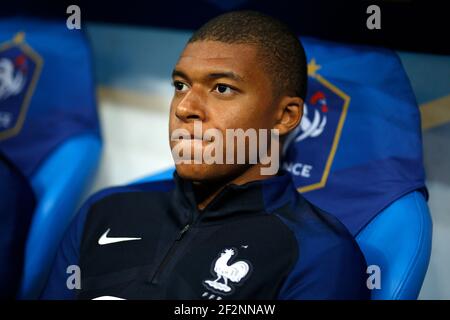 Frankreichs Stürmer Kylian Mbappe reagiert während der FIFA Weltmeisterschaft Russland 2018, Qualifying Group EIN Fußballspiel zwischen Frankreich und den Niederlanden am 31. August 2017 im Stade de France in Saint-Denis, nördlich von Paris, Frankreich - Foto Benjamin Cremel / DPPI Stockfoto