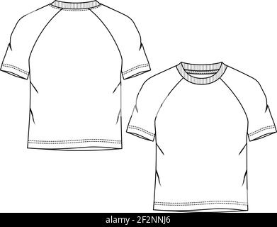 Männer. Jungen T-Shirt Mode flach Skizze Vorlage. Technische Mode Illustration. Kurze Raglan-Ärmel. Stock Vektor