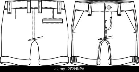 Jungen kurze flache Skizze Vorlage. Bermuda Technische Mode Illustration Stock Vektor