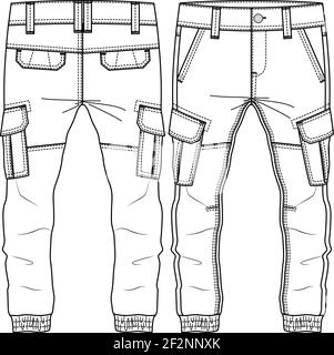 Männer Jungen Cargo Pocket Hose Mode flach Skizze Vorlage. Technische Mode Illustration. Gewobenes CAD. Schnitt- und Nähedetail mit Taschenklappe hinten Stock Vektor