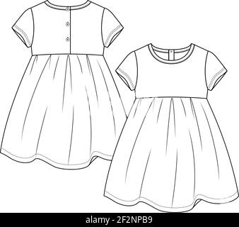 Baby Mädchen kurze Ärmel Kleid Mode flach Skizze Vorlage. Mädchen Empire-Taille Kleid Technische Mode Illustration. Stock Vektor