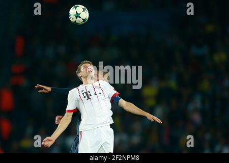 Bayern Münchens deutscher Stürmer Thomas Muller führt den Ball beim UEFA Champions League, Gruppe B Fußballspiel zwischen Paris Saint-Germain und Bayern München am 27. September 2017 im Parc des Princes Stadion in Paris, Frankreich - Foto Benjamin Cremel / DPPI Stockfoto