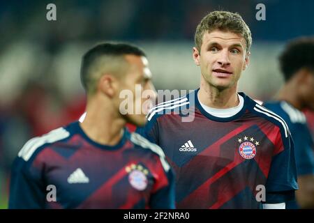 Bayern Münchens deutscher Stürmer Thomas Muller reagiert während des UEFA Champions League, Gruppe B Fußballspiels zwischen Paris Saint-Germain und Bayern München am 27. September 2017 im Parc des Princes Stadion in Paris, Frankreich - Foto Benjamin Cremel / DPPI Stockfoto