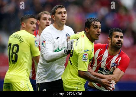 Atletico Madrids spanischer Stürmer Diego Costa reagiert während des Fußballspiels der spanischen Meisterschaft Liga zwischen Atletico Madrid und Getafe am 6. Januar 2018 im Wanda Metropolitano Stadion in Madrid, Spanien - Foto Benjamin Cremel / DPPI Stockfoto