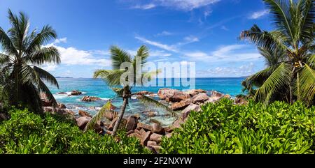 Panorama, Seychellen, La Digue, Anse streng mit Palmen Stockfoto