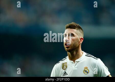 Real Madrids spanischer Verteidiger Sergio Ramos reagiert während des Fußballspiels der spanischen Meisterschaft Liga zwischen Real Madrid CF und Leganes am 1. September 2018 im Santiago Bernabeu Stadion in Madrid, Spanien - Foto Benjamin Cremel / DPPI Stockfoto