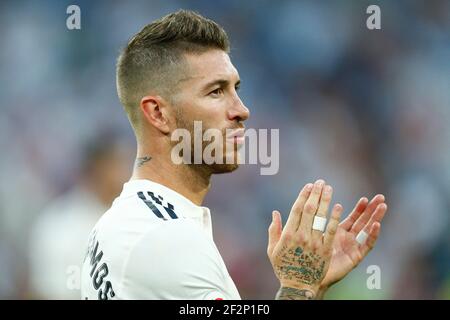 Real Madrids spanischer Verteidiger Sergio Ramos Gesten während des Fußballspiels der spanischen Meisterschaft Liga zwischen Real Madrid CF und Leganes am 1. September 2018 im Santiago Bernabeu Stadion in Madrid, Spanien - Foto Benjamin Cremel / DPPI Stockfoto