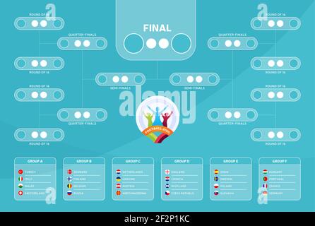 Spielplan, Vorlage für Web, Druck, Fußball-Ergebnistabelle, Flaggen der europäischen Länder, die am Finalturnier der europäischen Fußball teilnehmen Stock Vektor
