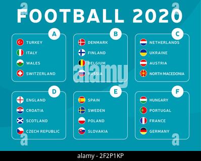 European Football 2020 Turnier letzte Etappe Gruppen Vektor Stock Illustration. 2020 Europäisches Fußballturnier mit Hintergrund. Vektor-Länderflaggen Stock Vektor