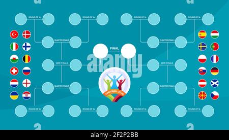 Spielplan, Vorlage für Web, Druck, Fußball-Ergebnistabelle, Flaggen der europäischen Länder, die am Finalturnier der europäischen Fußball teilnehmen Stock Vektor
